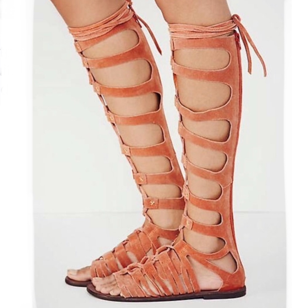 Gladiator Lace-Up Knee-High Sandals - Coral